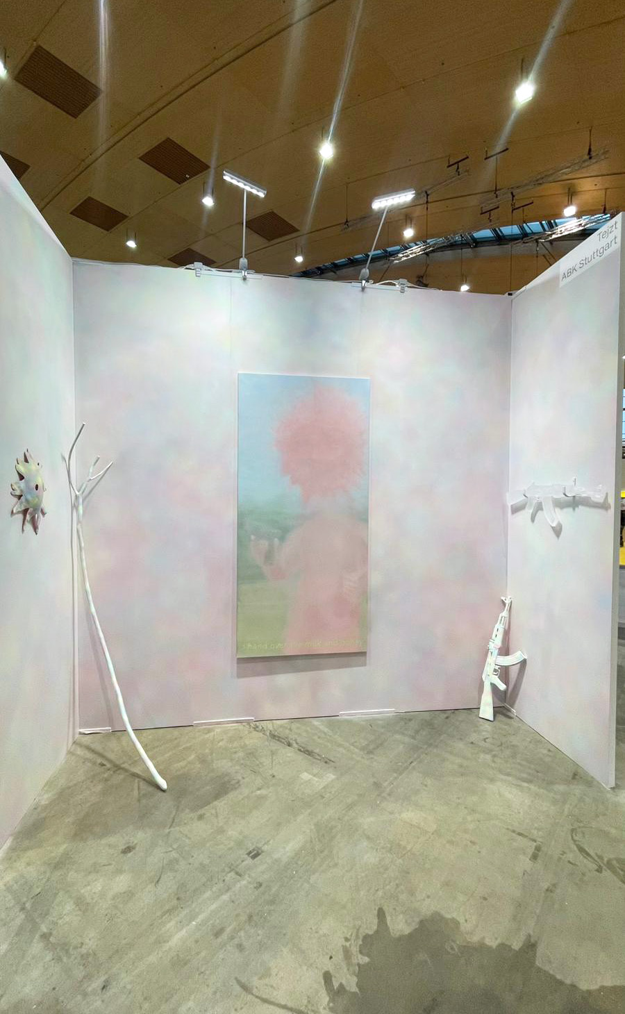 Tejzt — academy:square booth view with Troxler wall painting, objects, and central painting (2026)