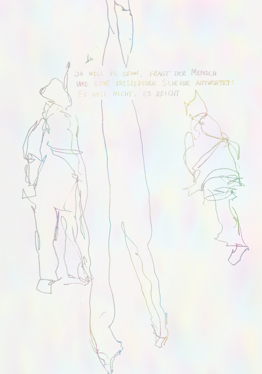 Digitale Zeichnungen von Tejzt – 39 Zeichnungen für subsymbolic skin (Part 1). Jede Zeichnung enthält eine aphoristische Notiz, die in Kombination mit den schimmernden, spektralen Linien eine subtile Verschiebung der Wahrnehmung provoziert. Figuren und Fragmente erscheinen entrückt, beinahe als Residuen eines Erlebens, das sich durch Sprache nur unzureichend fassen lässt.