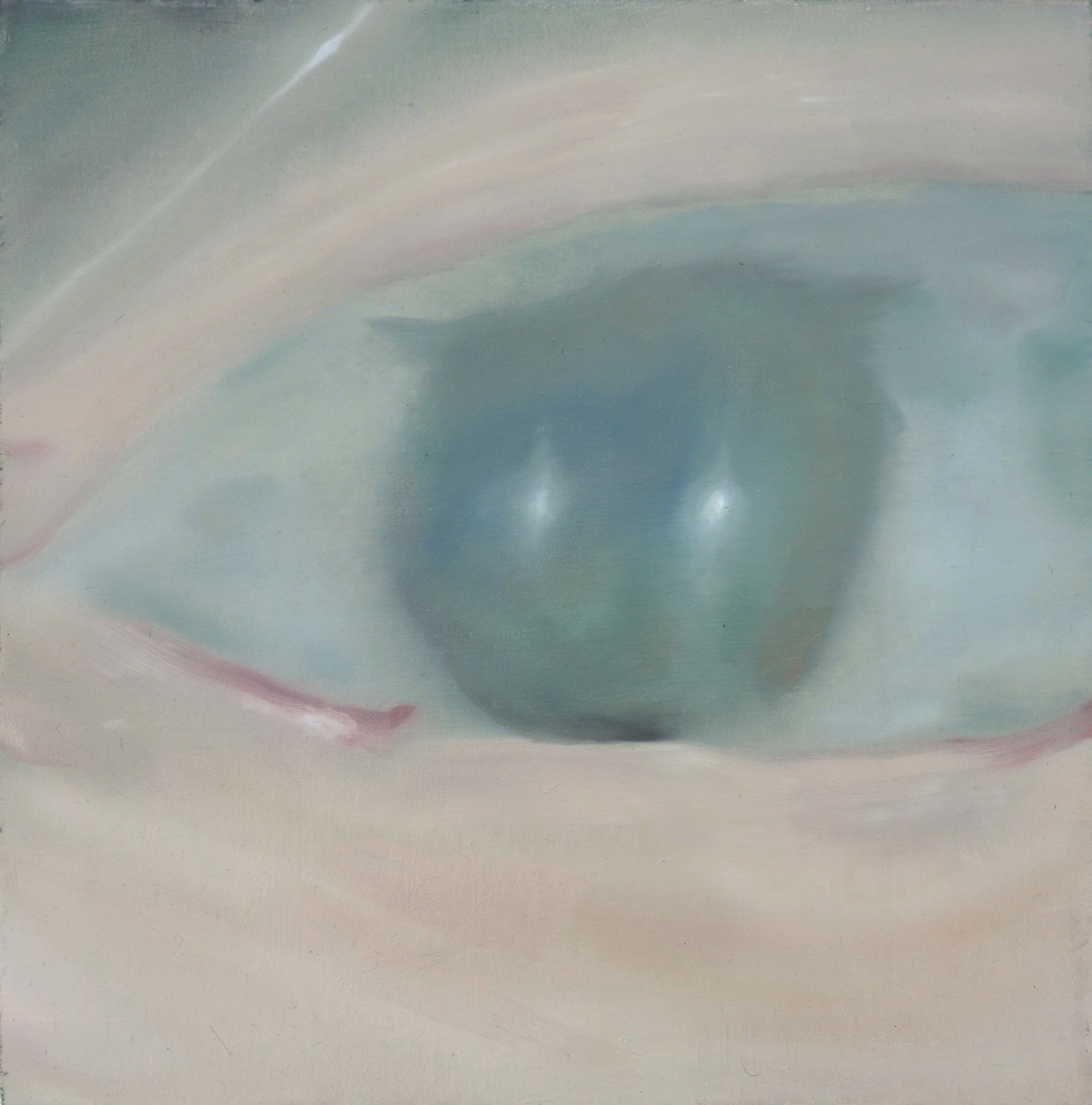 Tejzt’s Gemälde 'JUDY' – Ein großes, sphärisches Auge mit tiefblauer Iris, das sich in einer surrealen Schwebe zwischen organischer Präsenz und artifizieller Konstruktion befindet. Das Auge wirkt fast wie ein Servitor oder Egregor, ein Wesen, das aus reiner Wahrnehmung existiert.