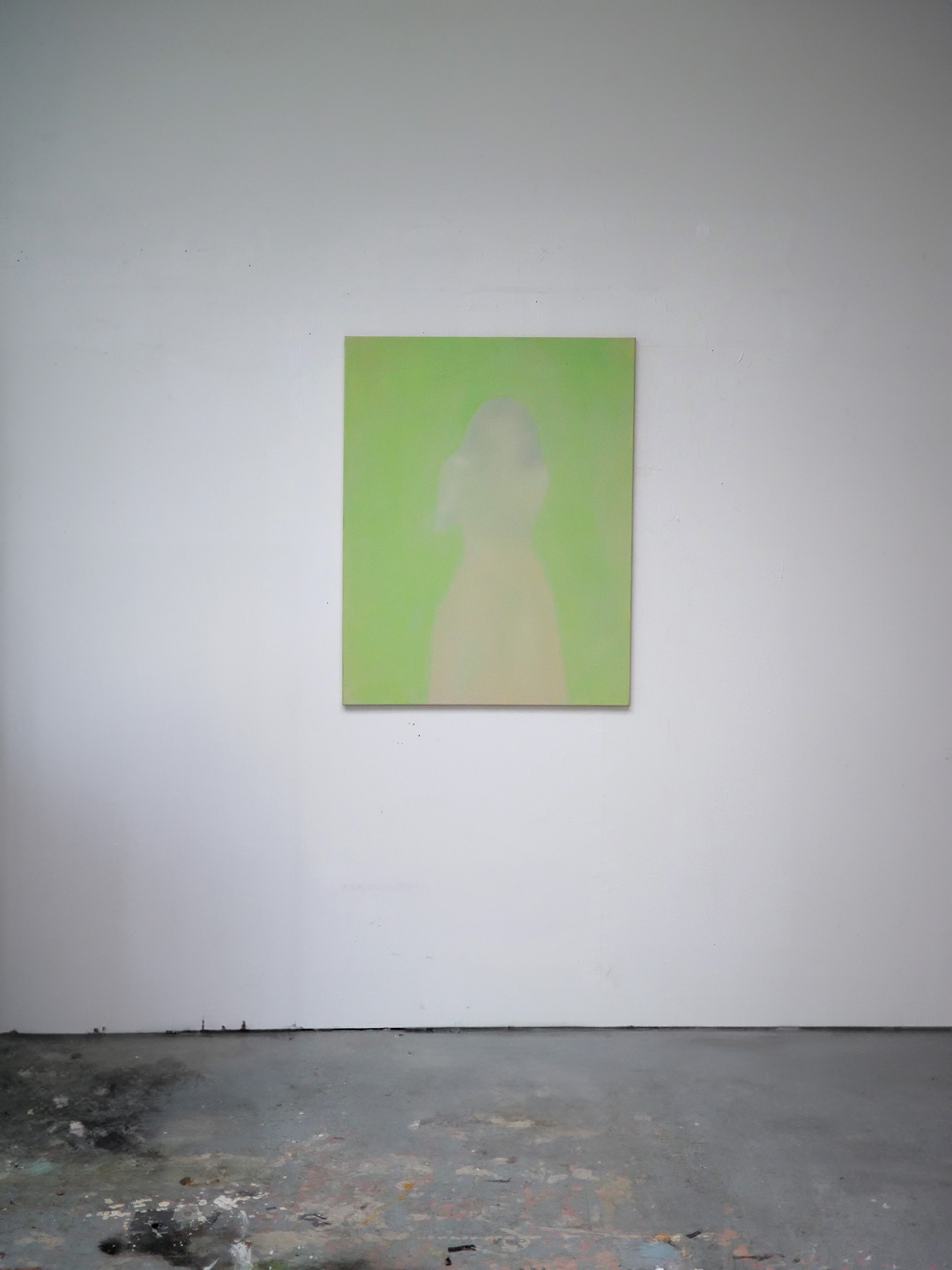 Oil painting by Tejzt titled 'd7'—featuring a faint, greenish figure suggesting multi-dimensional presence. Subtle contours evoke an ethereal sense of space and identity.