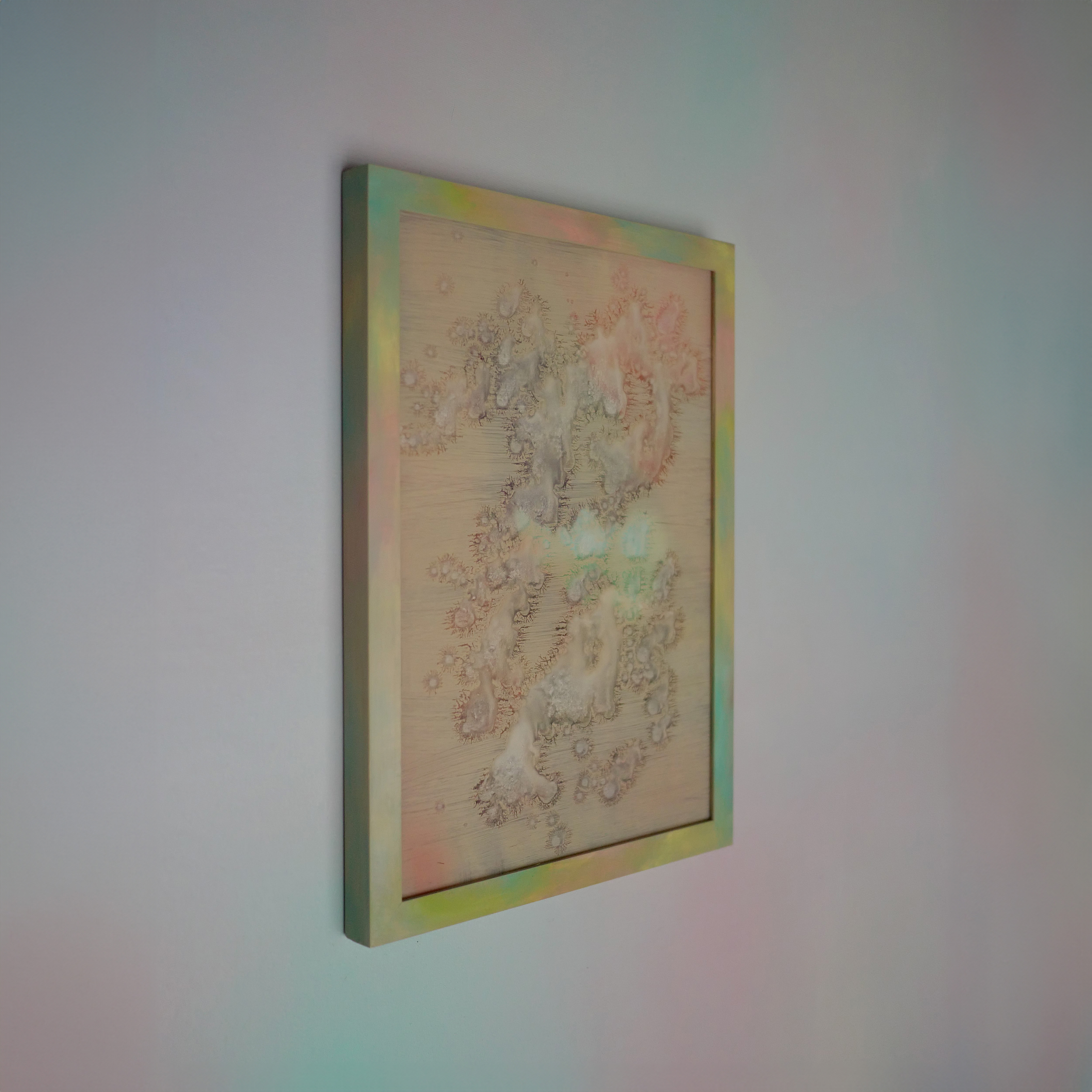 Mixed media painting by Tejzt: 'Fixed Status as Thing Denied'—An intricate textured composition on glass, where oil and lacquer interact with collage. The piece resists fixation, evoking ephemeral materiality and the instability of defined forms.Mixed media painting by Tejzt: 'Fixed Status as Thing Denied'—An intricate textured composition on glass, where oil and lacquer interact with collage. The piece resists fixation, evoking ephemeral materiality and the instability of defined forms.