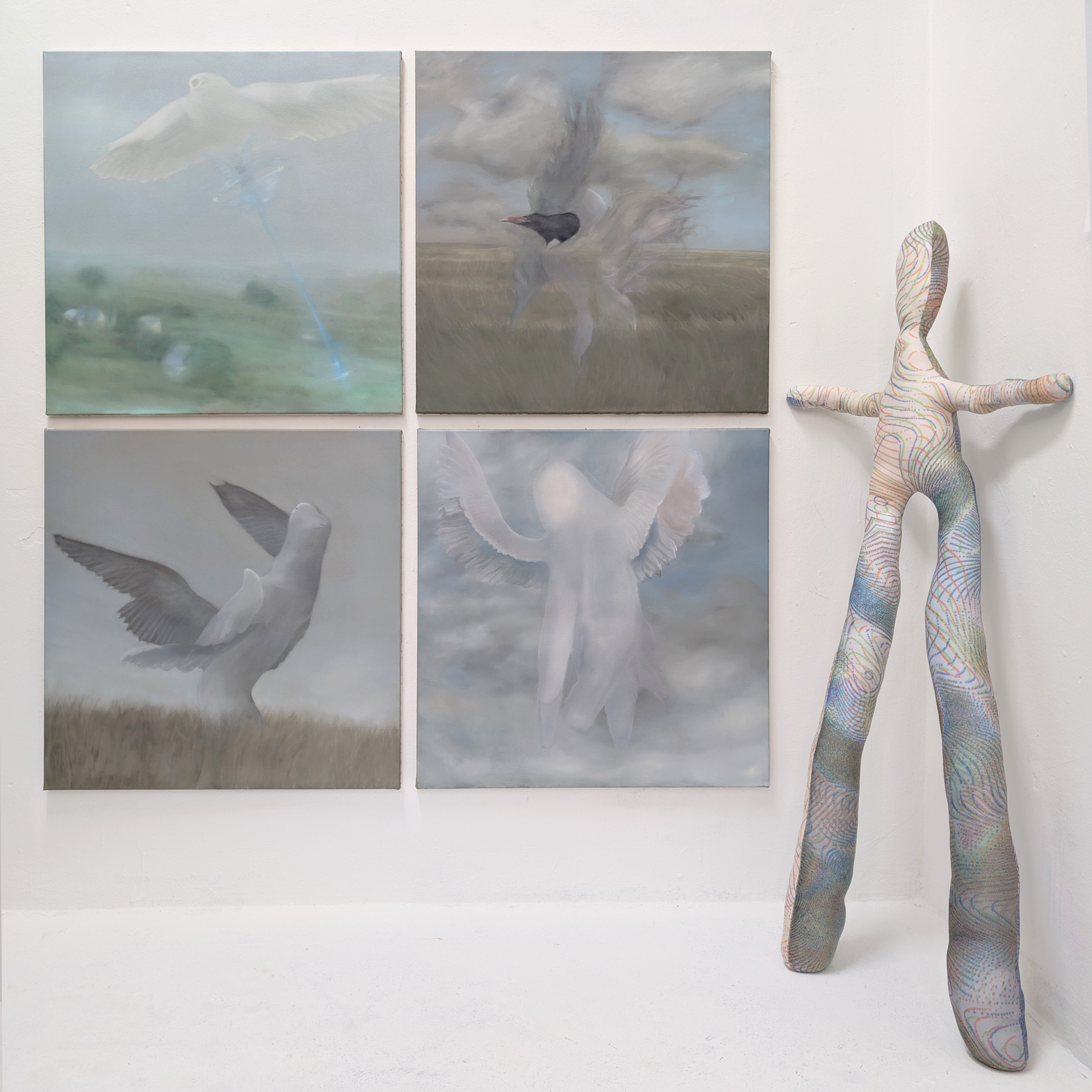 A series of four oil paintings by Tejzt, depicting singularity entities appearing as winged beings, observed at different geographic locations and timestamps. The works explore metaphysical manifestations and the threshold between vision and reality.