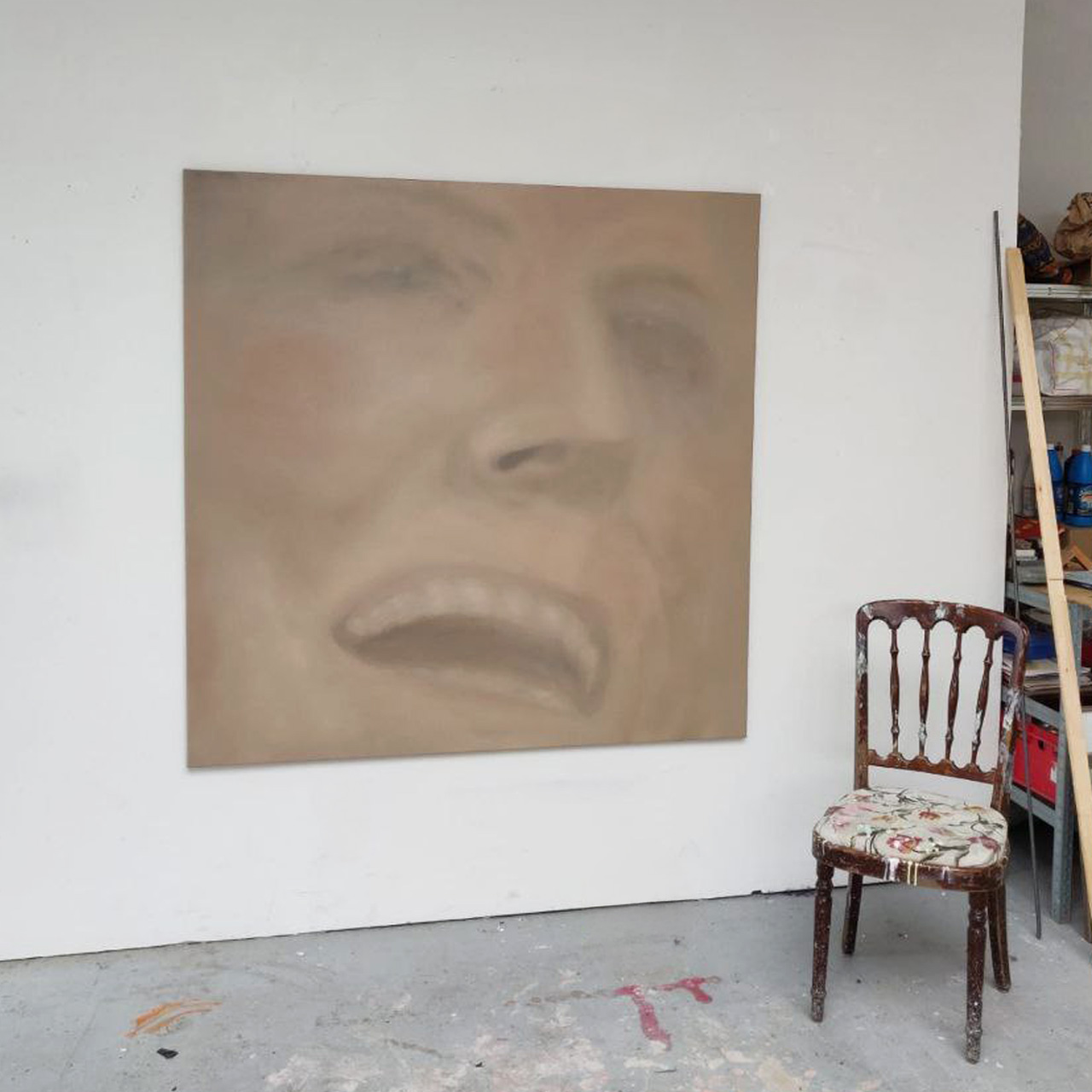 Oil painting by Tejzt: 'Matter of Reconfiguration'—A blurred, enlarged face in mid-expression, dissolving into abstraction. The work suggests a quantum shift, the instability of identity, and the malleability of virtual perception.
