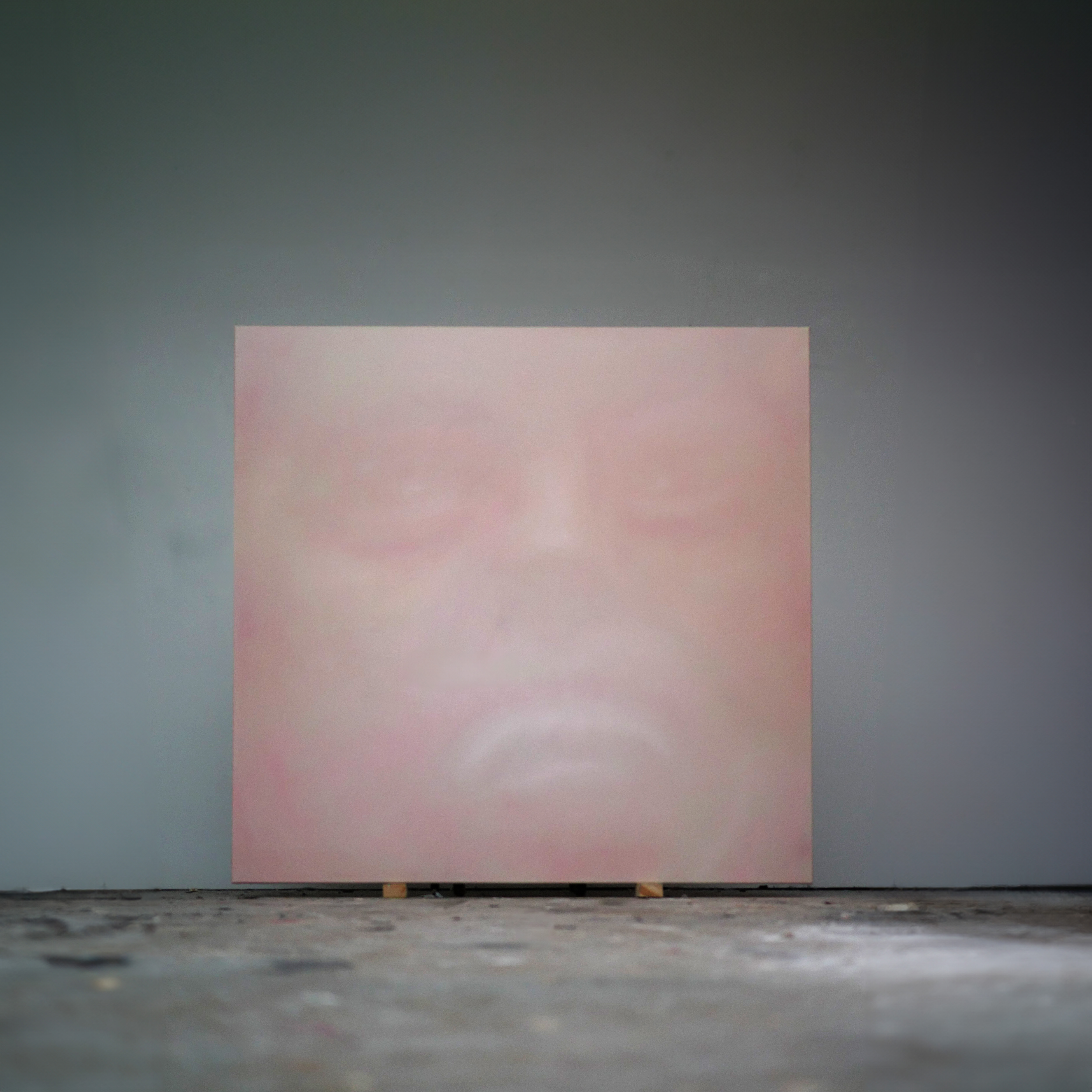 Oil painting by Tejzt: 'Reconfiguration of Matter'—A spectral face emerges from a pink-hued void, evoking the aftermath of a consciousness shift. The work suggests a liminal state where perception reconfigures reality, touching on manifestation and quantum magic.