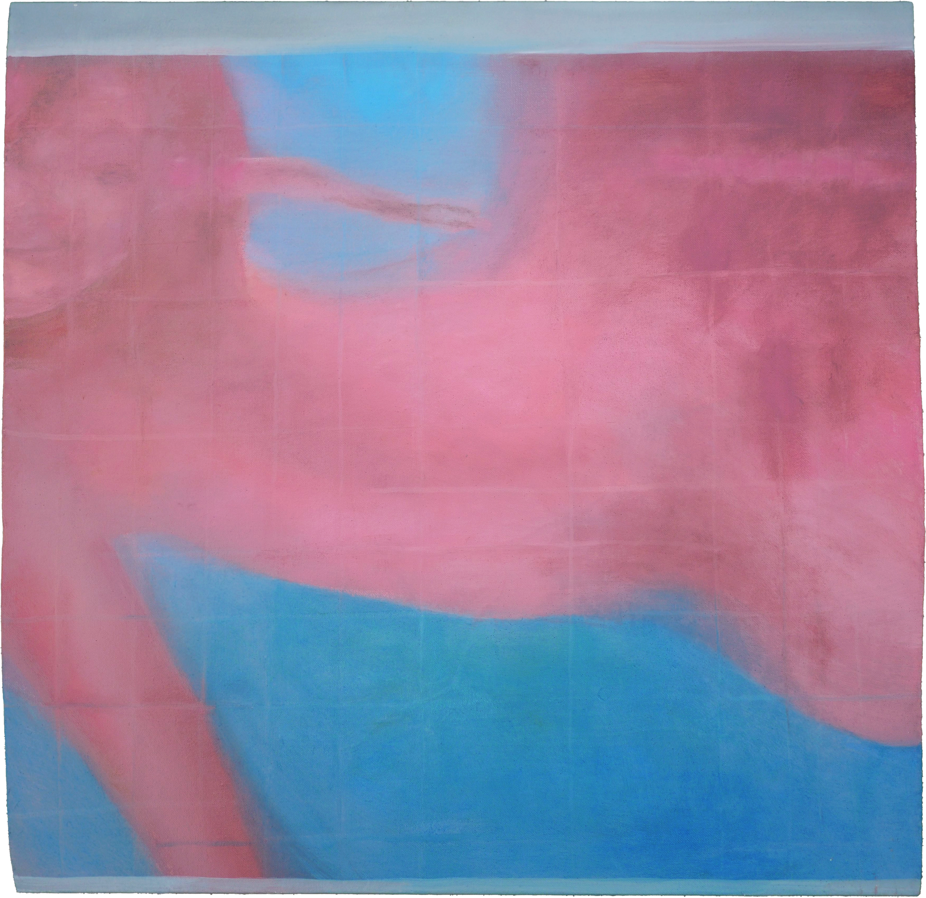 Oil painting by Tejzt titled 'we made sand think'—evoking a sense of quantum logic and emergent consciousness from silicon-based matter. Subtle pink-to-blue gradients and grid lines hint at the interplay between digital structure and organic form.