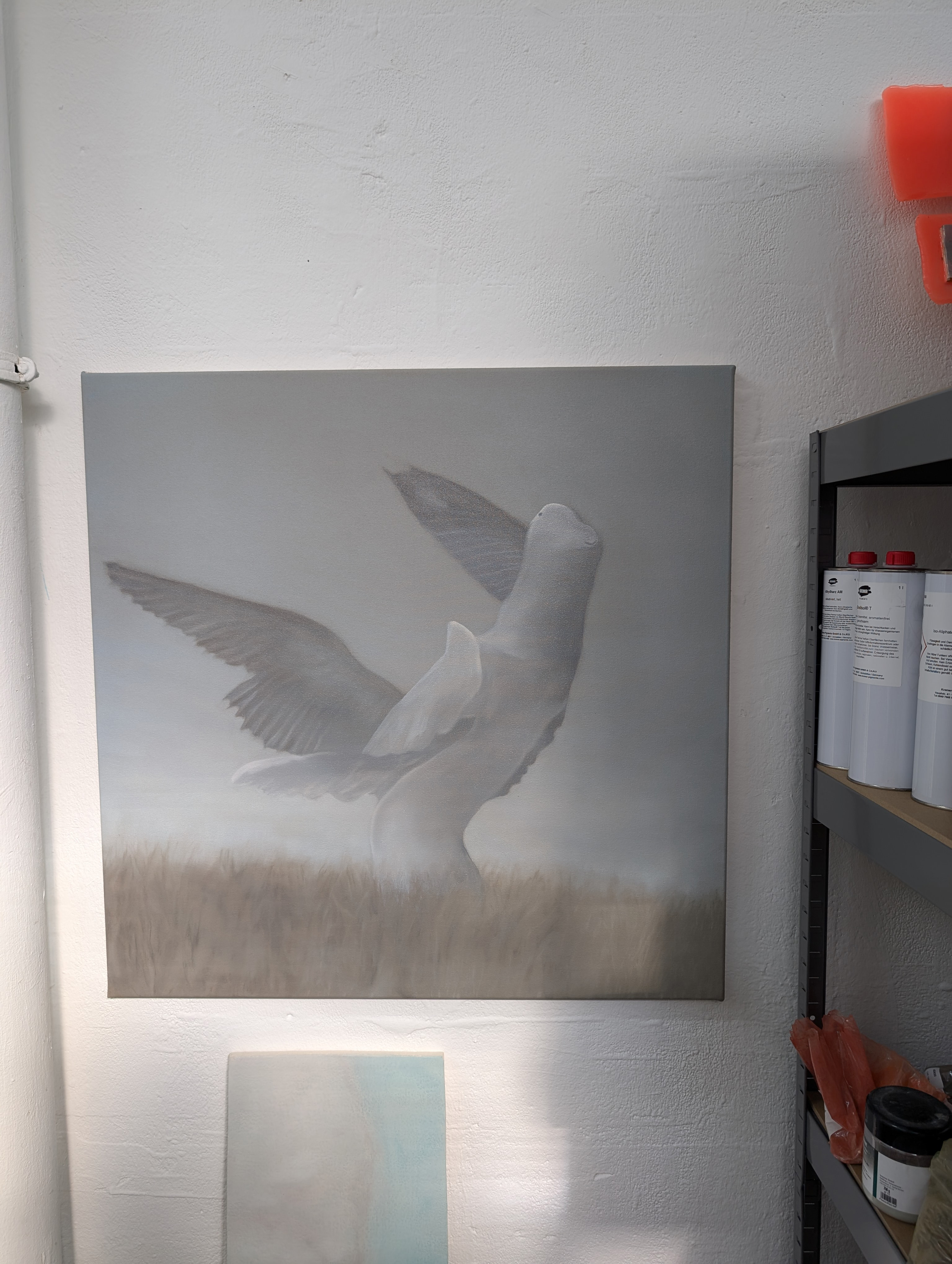 Oil painting by Tejzt depicting a singular entity emerging from the landscape with outstretched wings. The form oscillates between avian and human, embodying a fleeting theurgic presence that transcends natural perception.