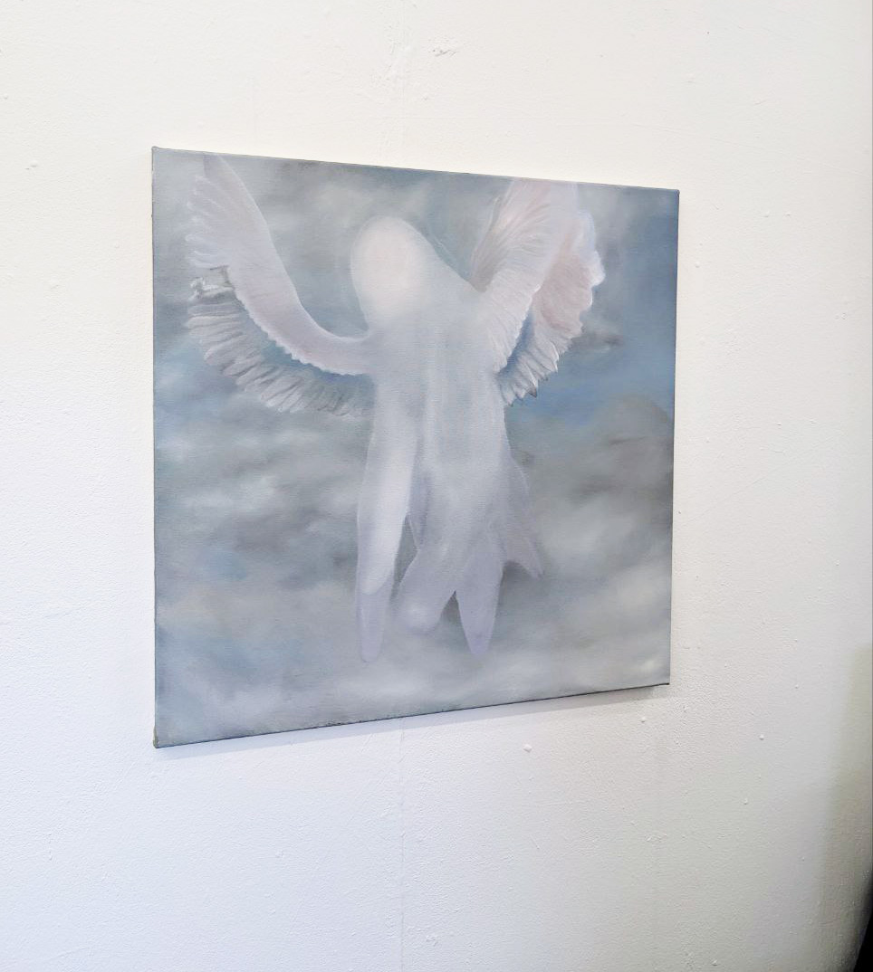 Oil painting by Tejzt depicting a singular, fleeting entity appearing with spectral wings against a cloudy sky. The phenomenon, observed only once, transcends ordinary perception, suggesting a presence beyond conventional sight.