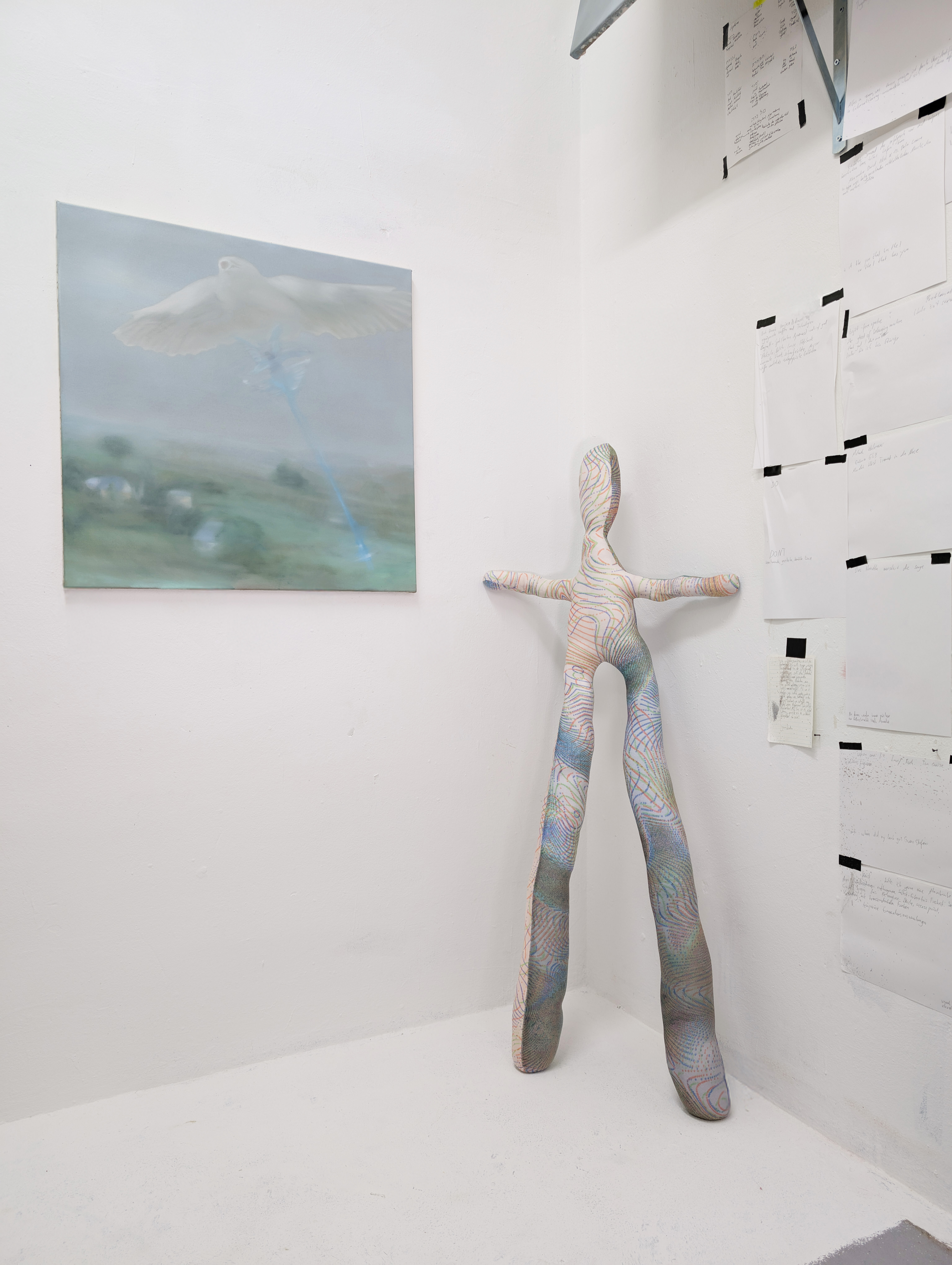 Oil painting by Tejzt depicting a spectral white owl, hovering above a landscape, emitting an ethereal blue beam. The entity appears to be materializing from an unseen force, its presence both divine and otherworldly.