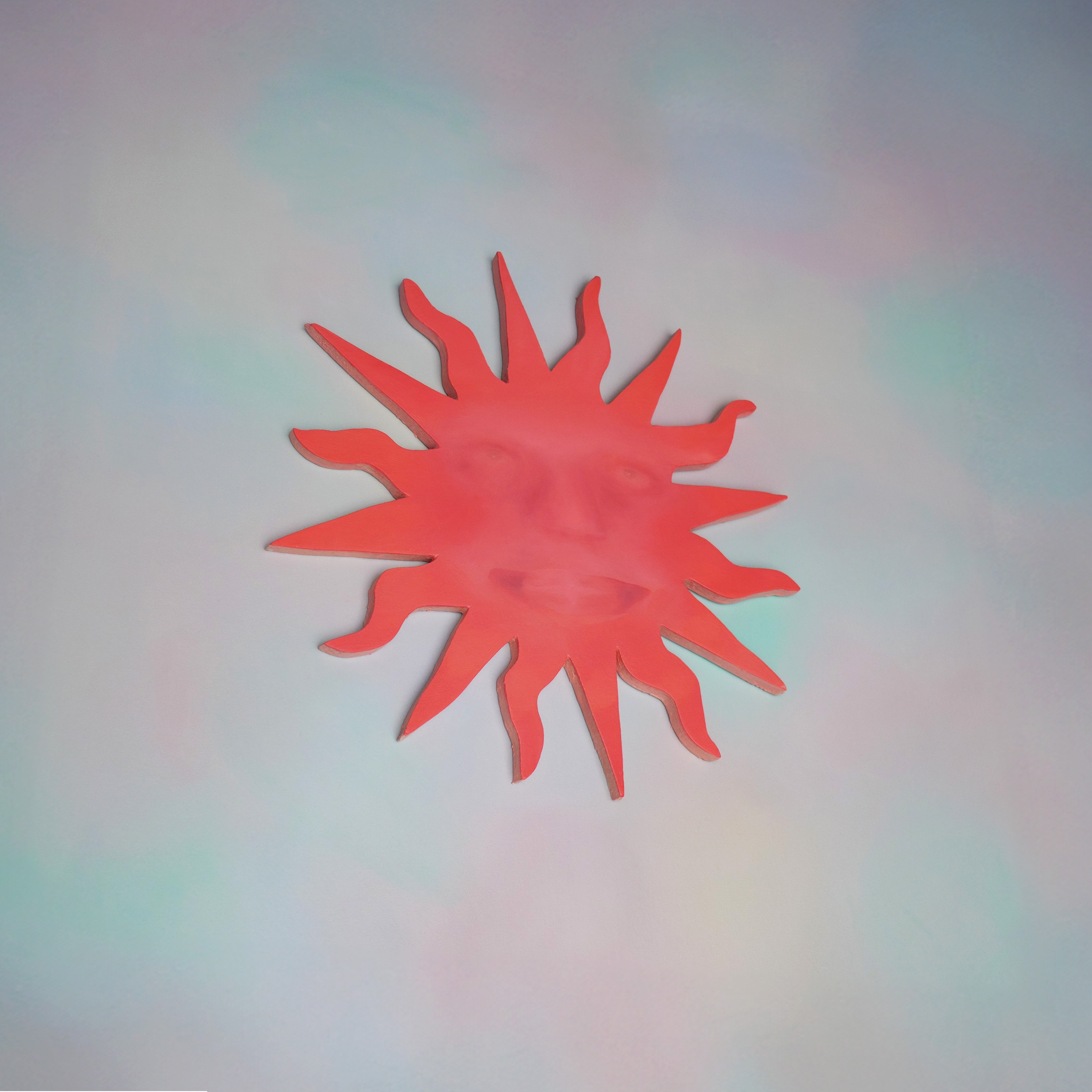 Oil painting on shaped wood by Tejzt – A fiery sun with a spectral human face, subtly emerging from its burning structure. The expression appears both serene and detached, as if the entity exists beyond physical embodiment, radiating presence without form.