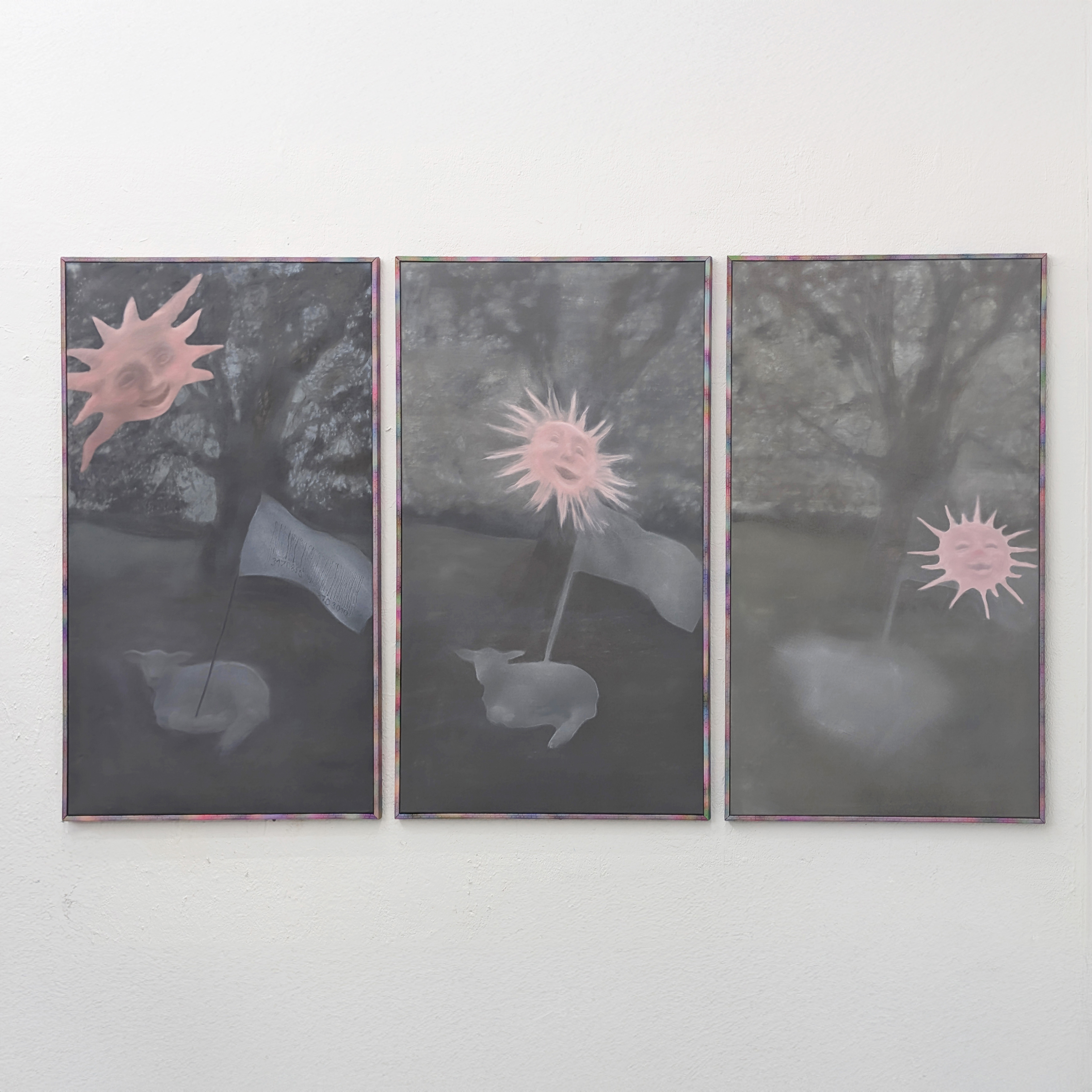 Triptych oil painting by Tejzt: 'Where Did My Lamb Go?'—A spectral sacrificial lamb holds a flag in a twilight landscape. Above it, a radiant sun with a human face casts an enigmatic glow, resembling medieval hagiography. The lamb, a threshold guardian, exists between the worlds of multiplicity and singularity, innocence and final judgment. This work explores the tension between precision and blurriness, decision and destiny.