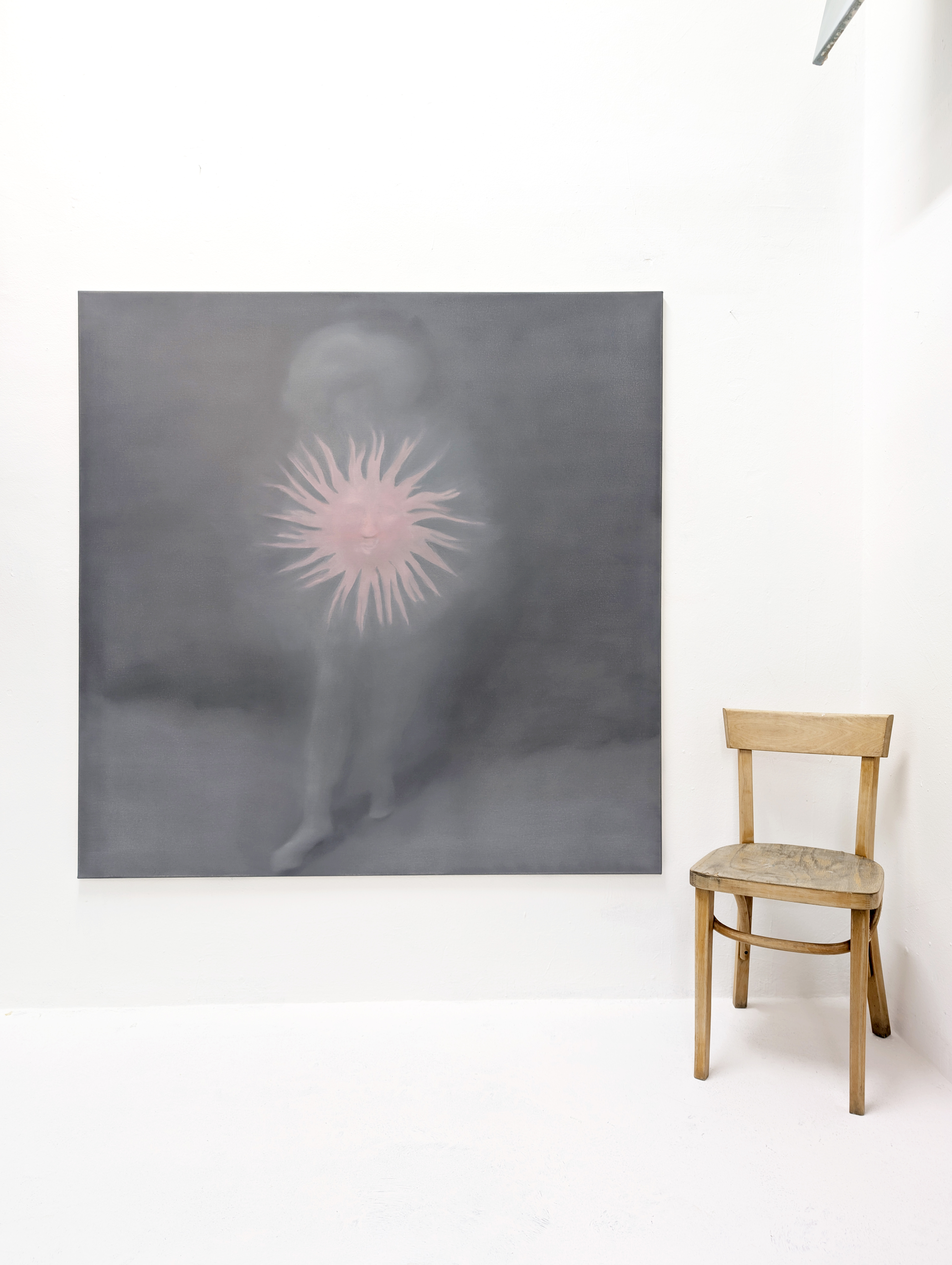 Oil painting by Tejzt: A spectral figure emerges from the mist, centered around a radiant sun-like form with a human face. The painting explores pure, direct consciousness and the concept of threshold guardians—entities that are overcome through identification with them. The sun-faced entity symbolizes a human sonar-like perception, integrating sight, touch, and interpretation. Title: 'Endlich Gnade' (Mercy at Last).