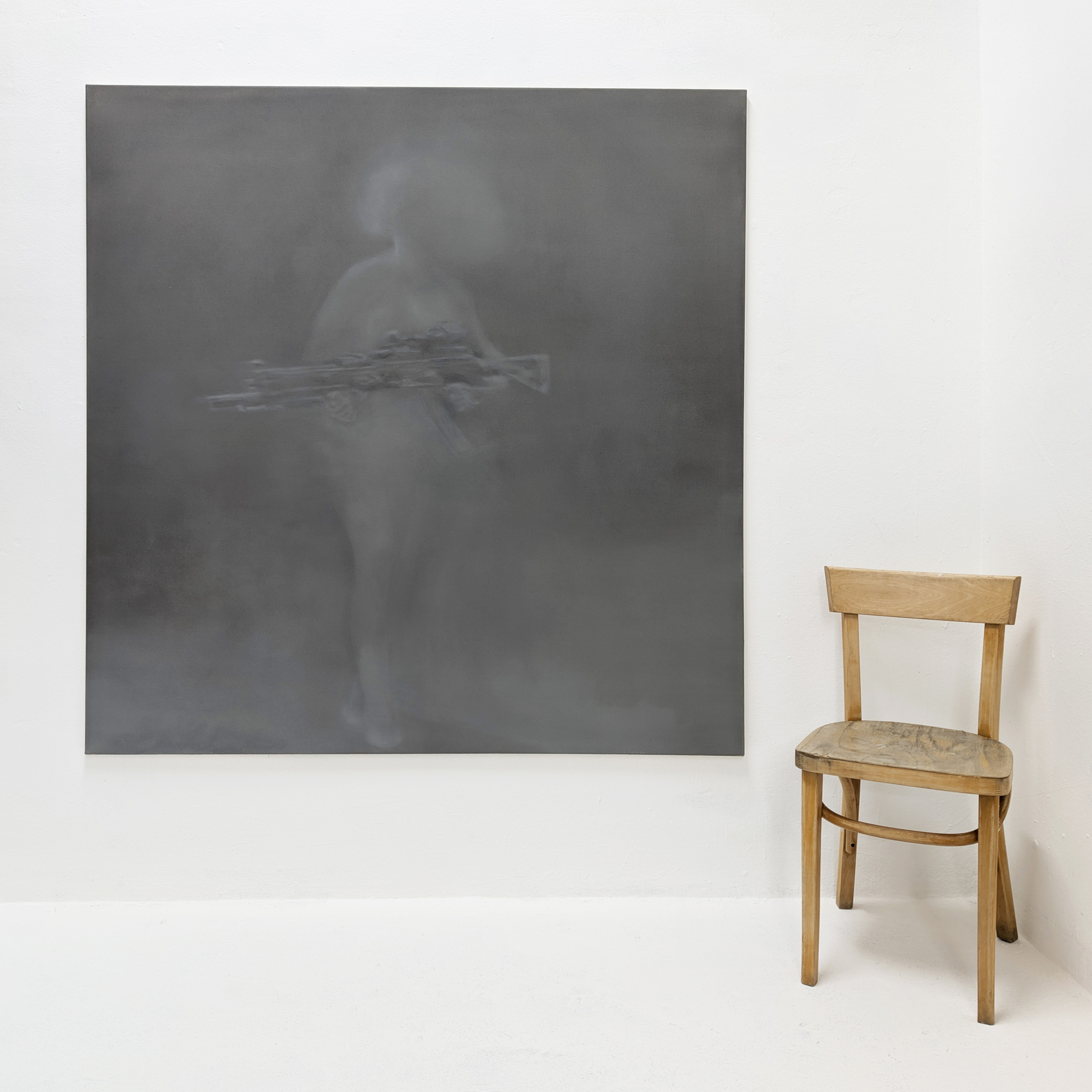 Oil painting by Tejzt: A spectral, faceless figure emerges from the mist, carrying an abstracted firearm—symbolizing the egregoric forces of discipline, severity, and judgment. The painting references 'Gevurah' (Γεβουρά) from the Kabbalistic Tree of Life, intertwined with the concept of an 'Egregor'—a self-sustaining, autonomous structure of thought and will. Title: 'Γεβουρά Εγρηγορός' (Gevurah Egregor).