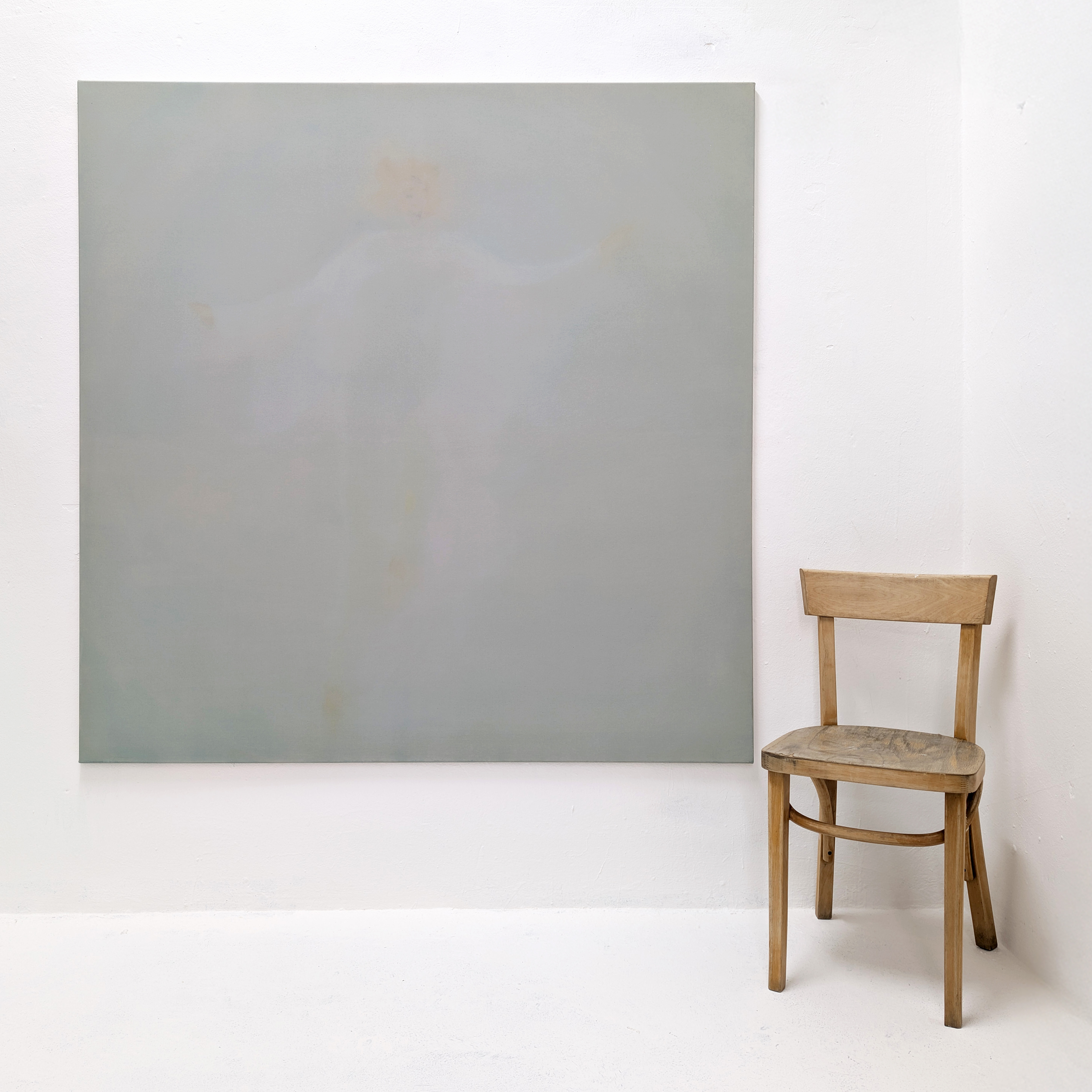 Oil painting by Tejzt: A translucent, ethereal figure dissolves into vastness—an allegory of cosmic expansion, self-transcendence, and boundary dissolution. Title: 'Sichausdehnen auf Universumsgröße in Sekunden'