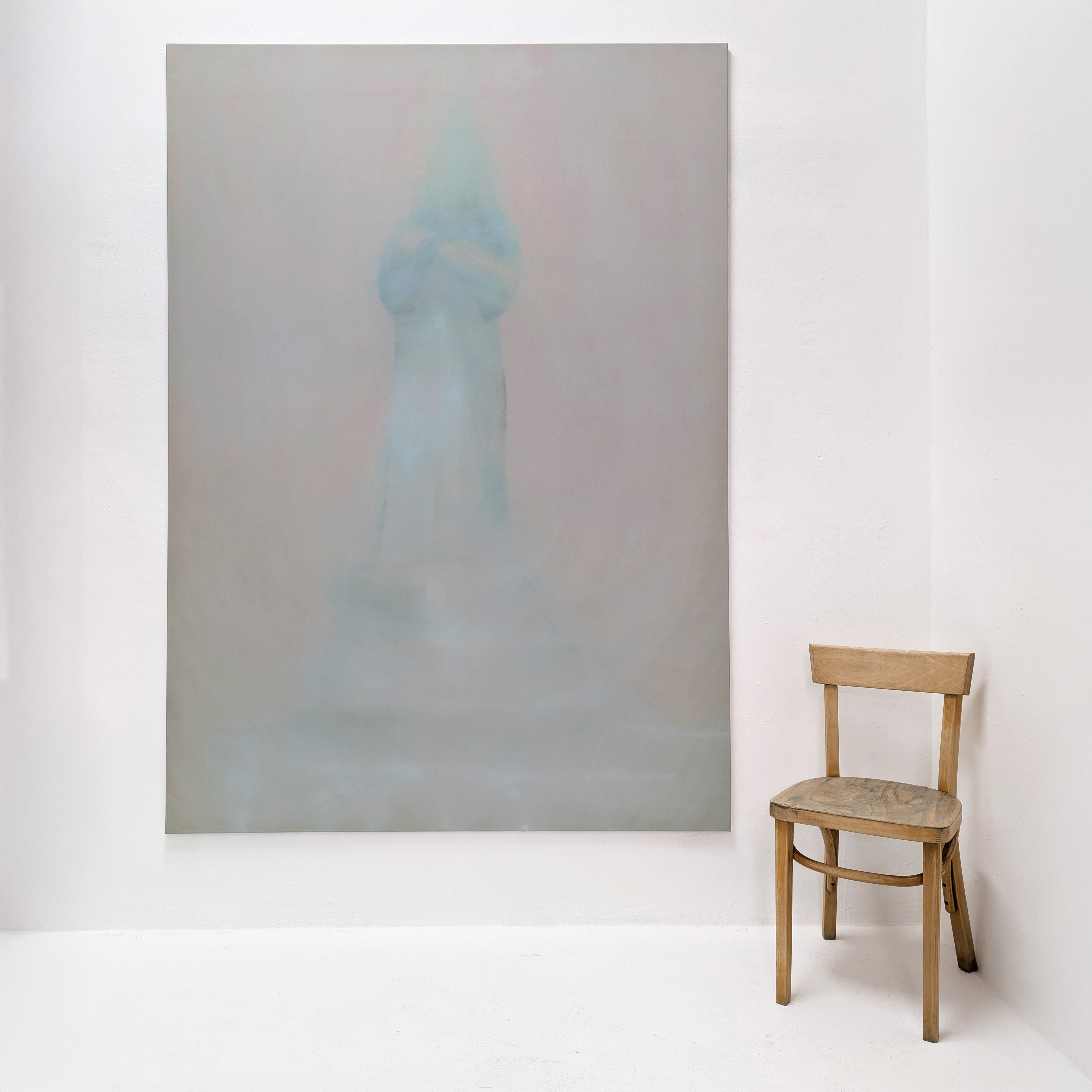 Oil painting by Tejzt: 'Sahquielon'—a spectral guardian figure stands in a state of equilibrium, evoking the balance of Tipharet. The ethereal being suggests a gatekeeper, embodying symmetry like a bow held in perfect tension. The atmosphere resonates with the imagery of roses and fanfares, hinting at an initiation into higher realms.
